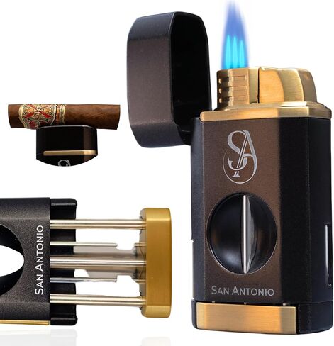 San Antonio Triple Flame Torch Cigar Lighter with Cutter - Refillable Butane Cigar Lighter, All-in-1 Cigar Accessories Set with V Cut Cigar Cutter, Cigar Holder - Perfect Cigar Gifts for Men in Saudi Arabia