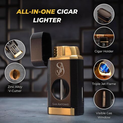 San Antonio Triple Flame Torch Cigar Lighter with Cutter - Refillable Butane Cigar Lighter, All-in-1 Cigar Accessories Set with V Cut Cigar Cutter, Cigar Holder - Perfect Cigar Gifts for Men in Saudi Arabia