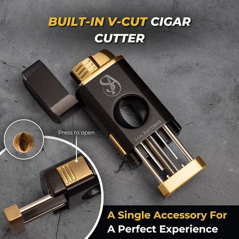San Antonio Triple Flame Torch Cigar Lighter with Cutter - Refillable Butane Cigar Lighter, All-in-1 Cigar Accessories Set with V Cut Cigar Cutter, Cigar Holder - Perfect Cigar Gifts for Men in Saudi Arabia