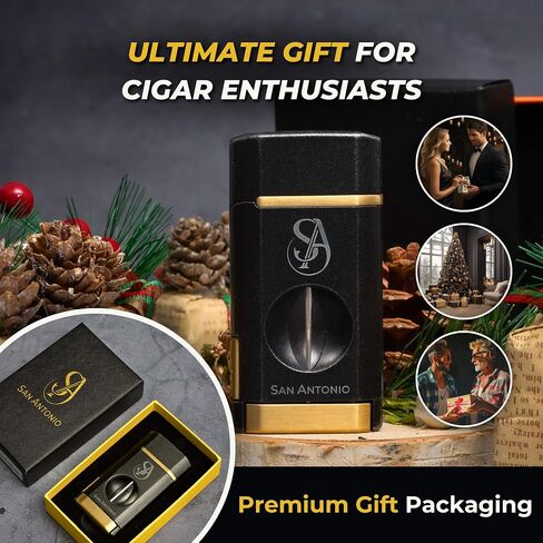 San Antonio Triple Flame Torch Cigar Lighter with Cutter - Refillable Butane Cigar Lighter, All-in-1 Cigar Accessories Set with V Cut Cigar Cutter, Cigar Holder - Perfect Cigar Gifts for Men in Saudi Arabia