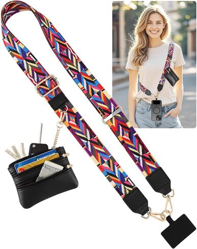 Clip and Go Strap for Phone with Wallet Crossbody,Adjustable Phone Strap with Zippered Pouch,Upgraded and Extended in Length,Save the Girls Phone Strap with Wallet,Cross Body Phone Strap(Boho Blue） in Kuwait