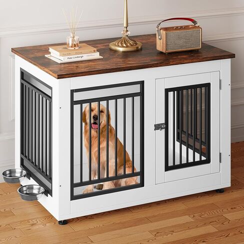 YITAHOME Dog Crate Furniture Style, 35 Inch Wooden Dog Kennel End Table for Medium Dogs up to 55 lbs, Indoor Dog Cage House with Adjustable Feet and Removable Bowls (35" L x 20.4" W x 25.2" H) in Saudi Arabia