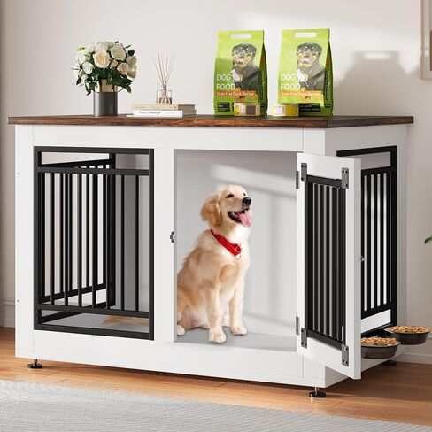 YITAHOME Dog Crate Furniture Style, 35 Inch Wooden Dog Kennel End Table for Medium Dogs up to 55 lbs, Indoor Dog Cage House with Adjustable Feet and Removable Bowls (35" L x 20.4" W x 25.2" H) in Saudi Arabia