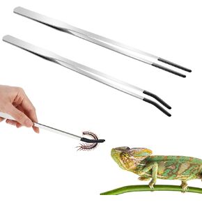 2 Pcs Feeding Tongs, 9.8 Inch Long Aquarium Tweezers with Rubber Tip, Bearded Dragon Aquarium Straight and Curved Long Tweezer, Terrarium Feeder Tool for Reptile - Silvery