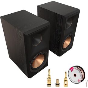 مكبرات صوت على رف الكتب من Klipsch RP-600M II - حزمة من خشب الأبنوس (زوج) مع سلك مكبر صوت Deco Gear بطول 100 قدم و16 AWG + مقابس مكبر صوت نحاسية، 5 أزواج in Kuwait