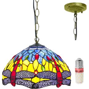 Tiffany Pendant Light Handmade Stained Glass Hanging Lamp Blue Dragonfly Vintage Ceiling Pendant Lighting Fixtures for Dining Living Room Kitchen Island,11.81 inch