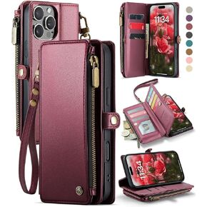 Defencase Compatible with iPhone 16 Pro Max Case Wallet with RFID Blocking Card Holder for Woman Men, PU Leather Magnetic Snap Flip Zipper Strap Wallet Phone Case for iPhone 16 Pro Max 6.9", Coffee