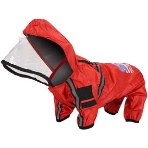 Raincoat for Dogs, Set of Rain Boots Raincoat for Pets with Hood and Four Legs with Reflective Stripes Raincoat for Pet Dog(L-Red)