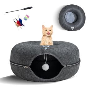 Premium Large Size 24 Inch Cat Tunnel Bed - With Upgraded Metal Zipper - Detachable Round Design - Washable - and Scratch Resistant - Includes 3 Toys and Removable Cushion