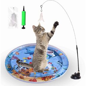 MEEJA PETS 0.55mm Double thickened Sensory Water Mat for Cats with Cat Feather Wand Toy with Suction Cup - Anti-scratch, Upgraded Cooling Cat Water Sensory Play Mat, Interactive Cat Toys to Play Alone