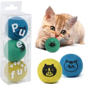 Cat Ball Toys – Soft, Quiet Wool Balls for Indoor Cats, Handmade, Pure Natural, Safe, Cat-Friendly Colors, 1.6 Inch Interactive Toy for Kittens, 3 Pack