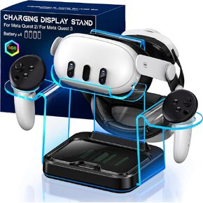 Mete Quest 3 Charging Dock for Meta Quest 3/Oculus Quest 2 with RGB Light, Mete Quest 3 Accessories Incl. VR Headset Charging Station, Oculus Charger Adapter, 4x1100mAh Rechargeable Batteries