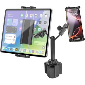 Dual Tablet Holder for Car Cup Holder - Metal Magic Arm, Cup Holder Phone Holders for Your Car, Truck with Double Device Clamp, Cup Holder Tablet Mount for 4-13" iPad Pro 12.9 Air, iPhone