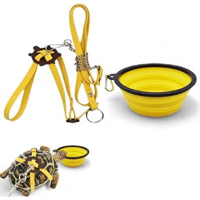 Tortoise Harness and Leash with Folding Bowl, Adjustable Turtle Harness Leash and Portable Food Water Bowl, Outdoor Training Accessories for Small Pets Turtle Lizard Reptile Pet Tortoise Toys (Yellow)