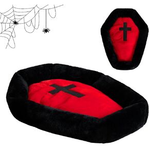 Cat Beds for Indoor Cats, Gothic Cat Beds Fits up to 25 lbs, Washble Coffin Cat Bed, Fluffy Pet Bed, Halloween House 24 * 16.9 Inch, Red & Black