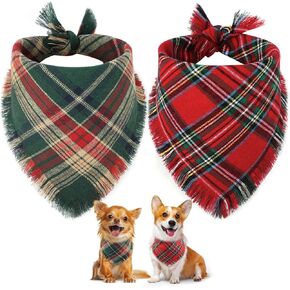 Vivifying Dog Christmas Bandana with Tassels Edges, 2 Pack Classic Plaid Triangle Pet Apparel & Accessories, Funny Holiday Dog Scarf Costume for Photo Prop, and Party Decor (X-Large, Red&Green)