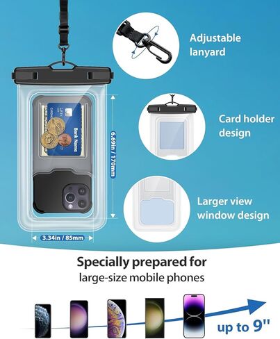 YOSH IPX8 حقيبة هاتف مقاومة للماء عائمة [صديقة للهاتف الكبير]، حافظة هاتف مقاومة للماء للسباحة وحبل قابل للتعديل لهاتف iPhone 15 14 13 12 Pro Max Samsung S24 S23 S22 حتى 9.0 بوصة، عبوتان in Kuwait