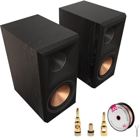 مكبرات صوت على رف الكتب من Klipsch RP-600M II - حزمة من خشب الأبنوس (زوج) مع سلك مكبر صوت Deco Gear بطول 100 قدم و16 AWG + مقابس مكبر صوت نحاسية، 5 أزواج in Kuwait