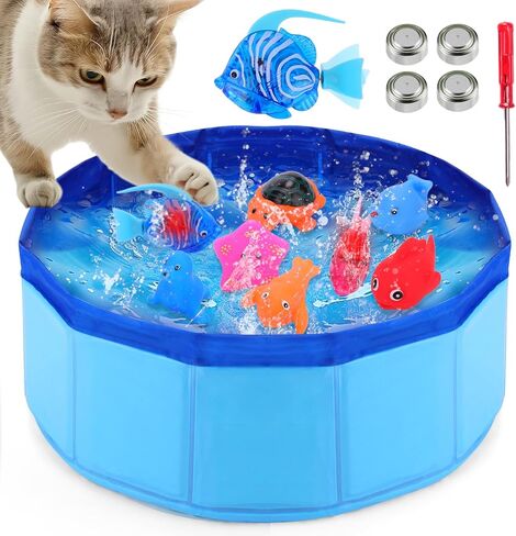 Palksky لعبة حوض السباحة للقطط مع قطعتين من أسماك السباحة الروبوتية، ألعاب مائية للقطط، حمام سباحة للقطط المائية للقطط، لعبة حوض سباحة للقطط، ألعاب تفاعلية للقطط الداخلية in Kuwait