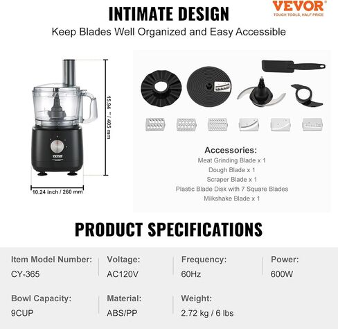 VEVOR Food Processor, 9 Cup Small Vegetable Chopper, 600 Watts 2 Speed Electric Meat Processors, 10Pcs Blade & Disc, Built-in Storage Drawer, Large Feed Chute & Pusher, Slice, Shred, Puree, dough in Saudi Arabia