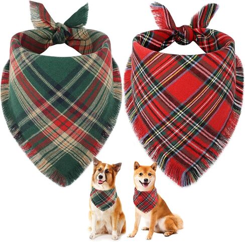 Vivifying Dog Christmas Bandana with Tassels Edges, 2 Pack Classic Plaid Triangle Pet Apparel & Accessories, Funny Holiday Dog Scarf Costume for Photo Prop, and Party Decor (X-Large, Red&Green) in Saudi Arabia