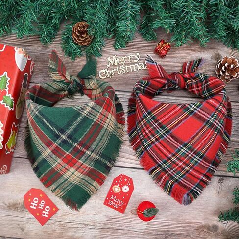 Vivifying Dog Christmas Bandana with Tassels Edges, 2 Pack Classic Plaid Triangle Pet Apparel & Accessories, Funny Holiday Dog Scarf Costume for Photo Prop, and Party Decor (X-Large, Red&Green) in Saudi Arabia