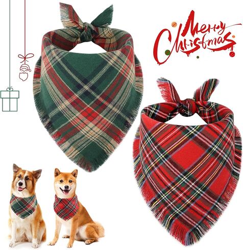 Vivifying Dog Christmas Bandana with Tassels Edges, 2 Pack Classic Plaid Triangle Pet Apparel & Accessories, Funny Holiday Dog Scarf Costume for Photo Prop, and Party Decor (X-Large, Red&Green) in Saudi Arabia
