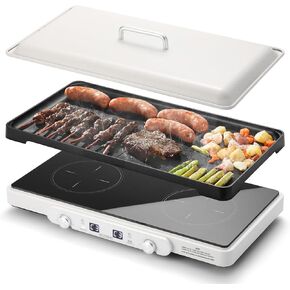 Razorri Double Induction Cooktop, 1800W Countertop 2 Burners Grill with Removable Non-stick Cast Iron Griddle Pan, 5 Temp Modes 7 Power Options with Timer for Kitchen Dorm and Camping