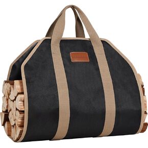 G GOOD GAIN Firewood Carrier Waxed Canvas with Leather Handles, Wood Carrier for Firewood, 38x17.7 Inch Heavy Duty Firewood Storage Tote, Fireplace Log Carrier Indoor Bag, Wood Stove Accessories. Blue