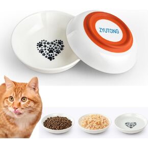 Cat Food Bowl, Whisker Fatigue Cat Dishes for Food, Cute Ceramic Cat Bowl for Indoor Cats, Non-Slip Flat Cat Plates for Wet Food, Shallow Kitten Bowl Whisker Friendly (1 Pack)