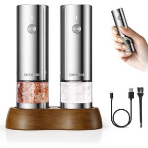 Electric Salt and Pepper Grinder Set, Mini USB Rechargeable Salt and Pepper Mill with 5 Adjustable Coarseness, Refillable, Stainless Steel One-Hand Automatic Pepper Salt Shakers for Kitchen (2-Pack)