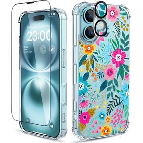 for iPhone 16 Case,[3 in 1] with Screen Protector & Camera Lens Protector, Flower Pattern Design,Clear Soft Shockproof Slim Floral Phone Cover for Women Girls 2024 6.1" (Lavender/Purple)