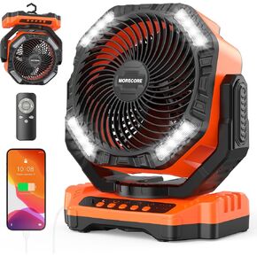 MORECORE 20000mAh Battery Operated Camping Fan with Light, 68HRS Running, Powerful 4 Speeds & Auto Oscillating, with Timer & Hook, for Travel Tent RV Emergency Hurricane Jobsite Garage-Orange
