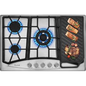 Hothit 34 Inch Gas Cooktop with Griddle, 5 Burner Gas Stove top, Cook top stove gas with Cast Iron Griddle, Natural Gas/Propane Gas Convertible,Stainless Steel
