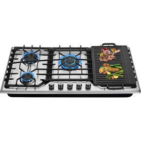 Hothit 34 Inch Gas Cooktop with Griddle, 5 Burner Gas Stove top, Cook top stove gas with Cast Iron Griddle, Natural Gas/Propane Gas Convertible,Stainless Steel