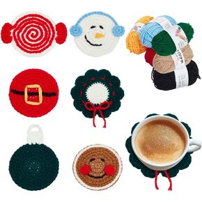 6PCS Crochet Coaster Kit Crochet Christmas Coaster Crochet Kit for Beginners Handmade Crochet Drink Coaster Crochet Starter Kit for Halloween Home Kitchen Office Table Decor