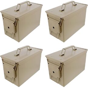 Metal Ammo Box 4pk Set - 50 Cal Tan Ammo Storage Containers Ammo Cans with Lids for Military or Home Storage