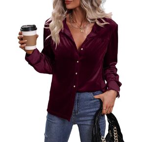 Floerns Women's Solid Button Down Long Sleeve Collar Velvet Shirt Blouse Top