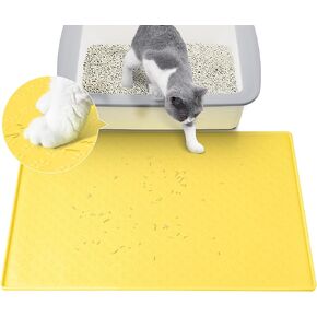 Coomazy Cat Litter Mat, Sillicone Waterproof Pet Bowl Placement Tray Dish wash Safe to Stop Food Spills and Water Messes Out to Floor, 18.9x11.8 Yellow