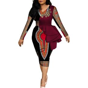 iooiooi Womens Long Sleeve African Dashiki Print Bodycon Dress Ruffle Details