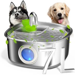 Dog Water Fountain Stainless Steel, 7L/1.85Gal/236oz Automatic Dog Water Dispenser with Water Level Window Ultra-Quiet Pet Water Fountain for Large Dogs and Cat Indoor, Multi-Filtration System