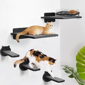 Cat Wall Shelves, Wood Cat Shelves for Wall with Cat Feeding Station, Cat Wall Furniture with 3 Cat Wall Steps, Cat Shelves and Perches, Wall Mounted Cat Climbing Shelf, Cat Lover Gift, 2 Board