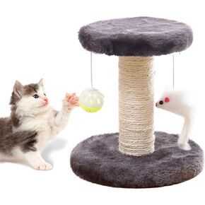 Cat Scratching Post and Small Cat Tree Natural Sisal Tower with Round Perch and Plush Ball Furniture Made for Small Cat, Kitten Relax Tree -Grey