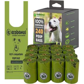 100% Compostable Handle Tie Doggy Poop Bags (240 Bags) 16 Refill Rolls Biodegradable Plant Based ASTM D6400 & EN 13432 Compliant Compost Bags HOME Certiified Compostabel Pet Dog Waste Bags (240 ct.)
