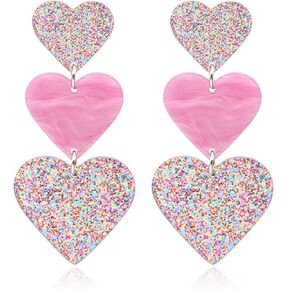Pink Heart Earrings for Women Teen Girls Fashion Long Vintage Gold Plated Glitter Three Love Heart Dangling Drop Statement Earrings Birthday Prom Valentine's Day Jewelry Gifts (Pink)