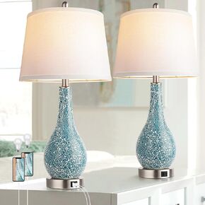 Gold Table Lamps for Living Room Set of 2, Modern Coastal Bedside Shell Pearl Tiles Nightstand Lamp with USB Ports 3-way Touch Control Lamp for Bedroom Home Decor (2700K LED Bulbs Included)