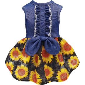 فستان Fitwarm Sunflower Denim للكلاب، ملابس للكلاب للفتيات الصغيرات، زي للقطط الأليفة، أزرق، أسود، أصفر، أحمر، صغير