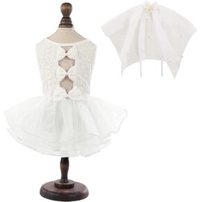 ASENKU Dog Dress for Wedding, Pet Lace Princess Dress with Bows for Birthday Party, Puppy Formal White Apparel with Pearl Necklace for Small Medium Large Dogs