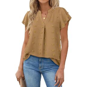Gaharu Women's Notch V Neck Short Sleeve Chiffon Shirts Casual Lace Blouse Top