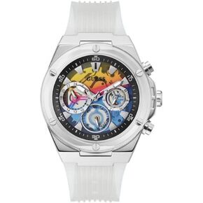 GUESS Men's Sport Multifunction 46mm Watch – Blue Dial Rose Gold-Tone Stainless Steel Case with Blue Bio-Based Polyurethane Strap